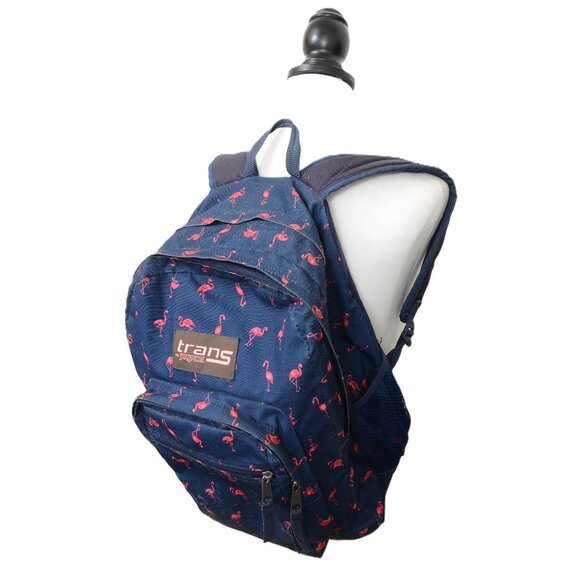 Trans by Jansport Navy Blue Backpack Pink Flamingos Zip Pockets School Book Bag - Picture 3 of 5